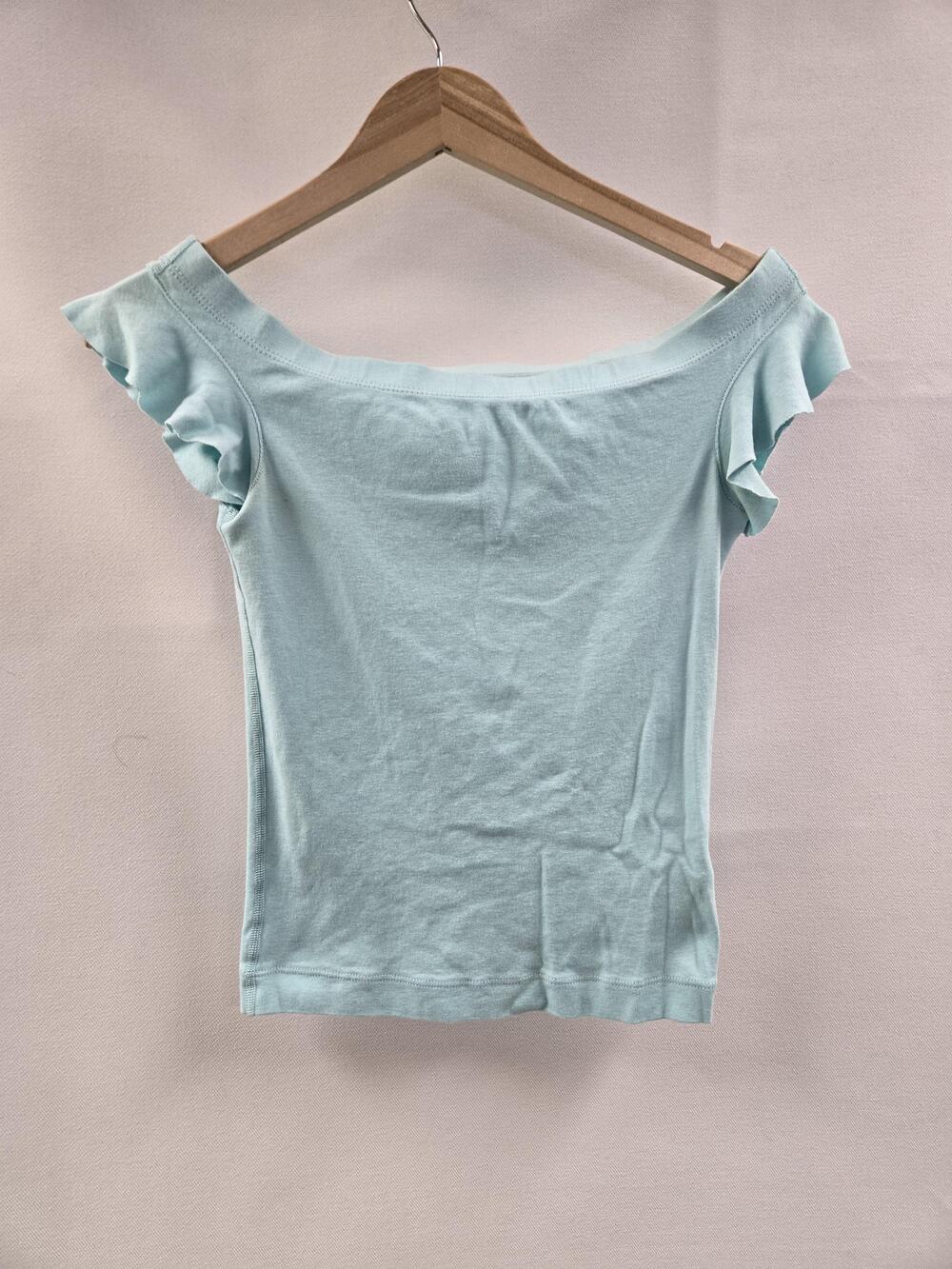 Off Shoulder Shirt Womens Medium Blue Ruffle Sleeve Made USA Cotton Top Casual